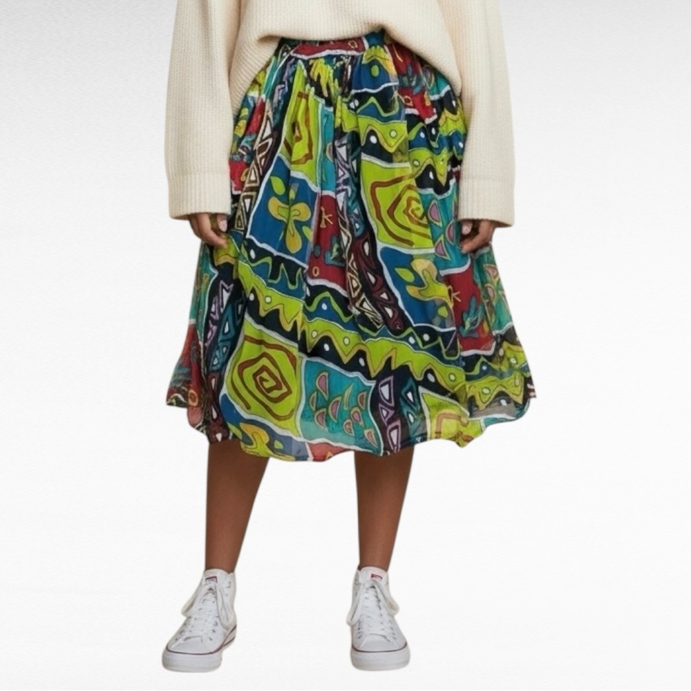 VINTAGE | Asante Multicolor Abstract African Print Flowy High Waisted Skirt
